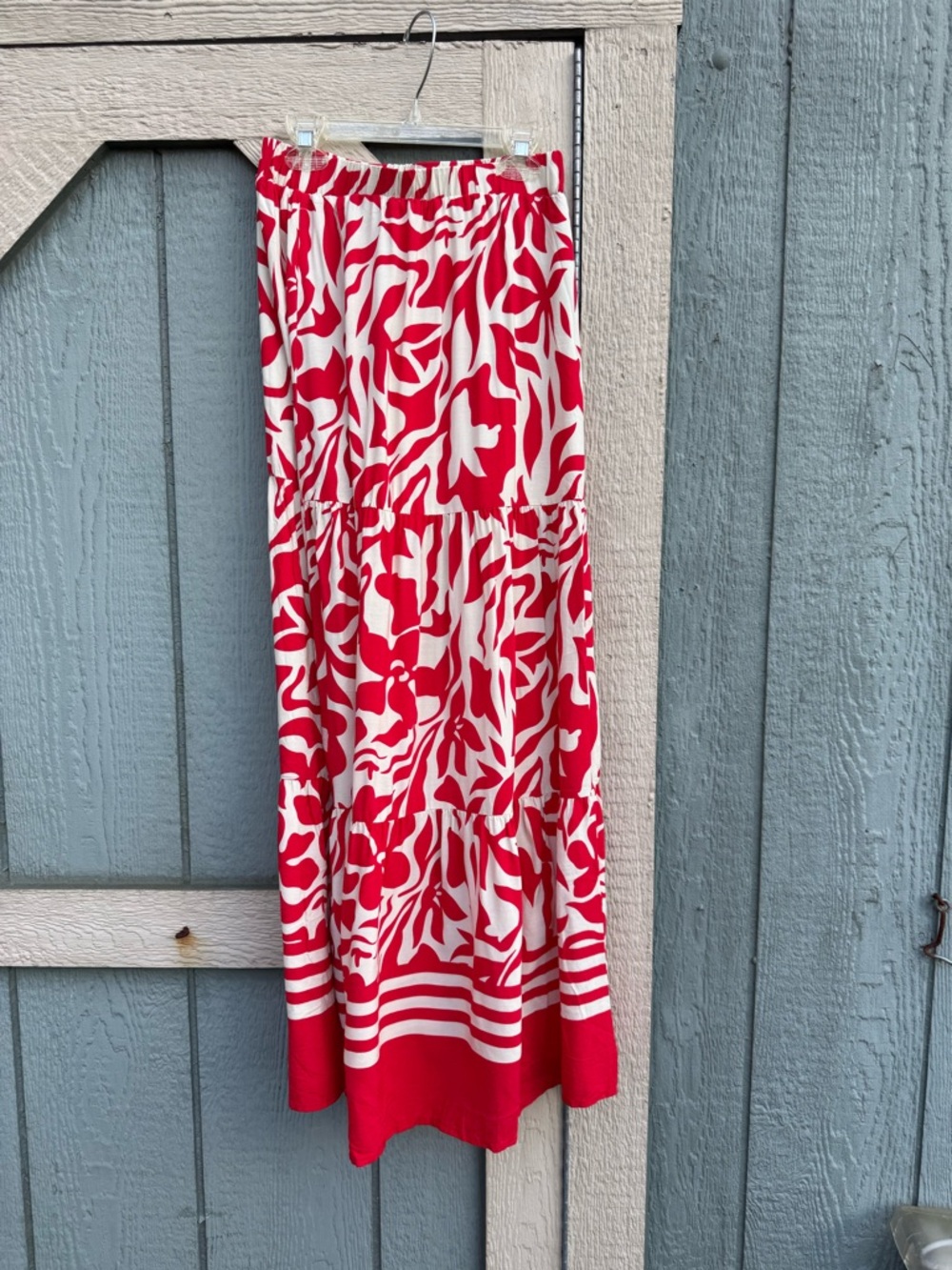 Red and White Printed Tiered Maxi Skirt